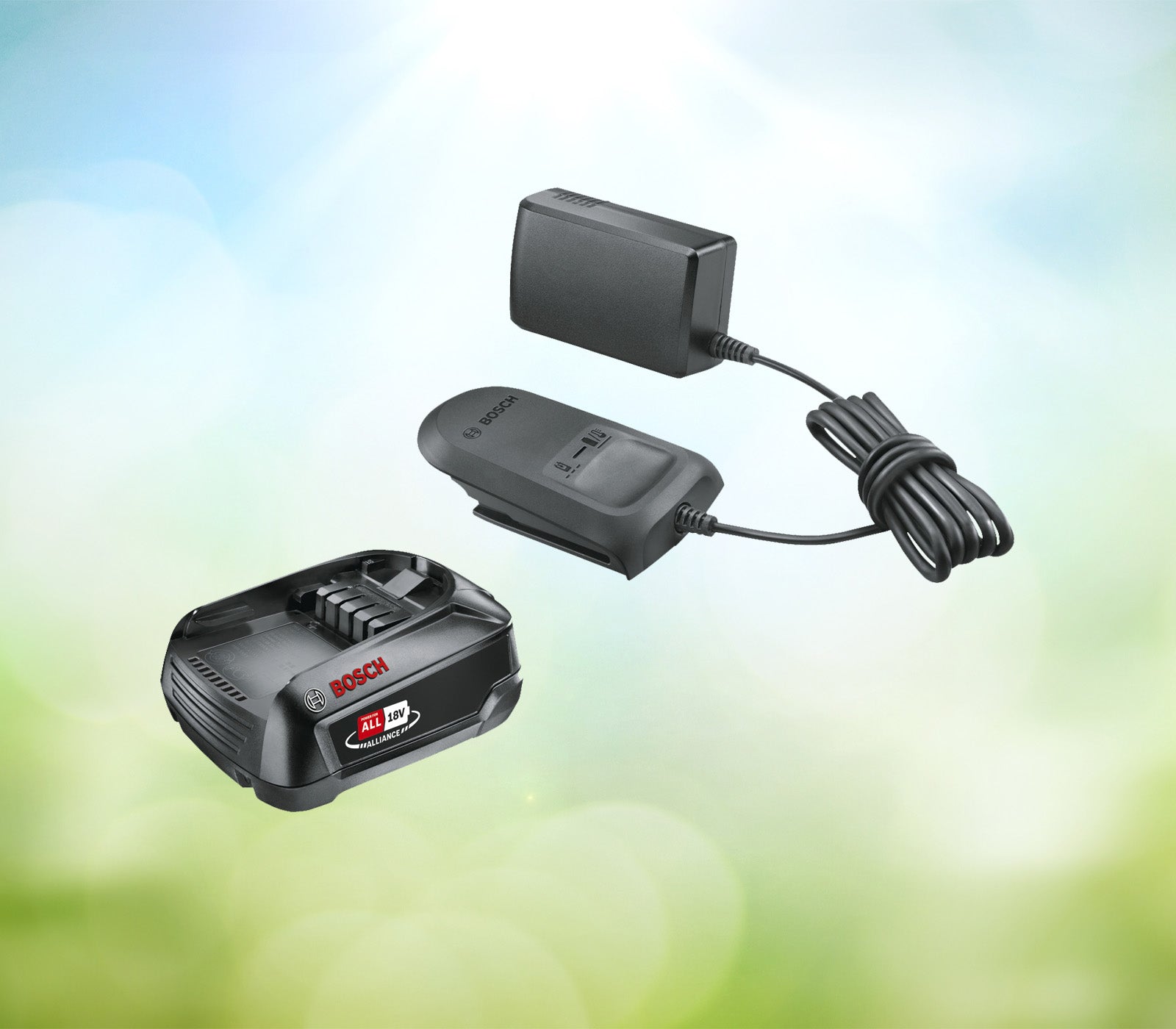 Bosch 18V accu van 2,5Ah met bijbehorende oplader, Easy Farming, in een heldere afbeelding.